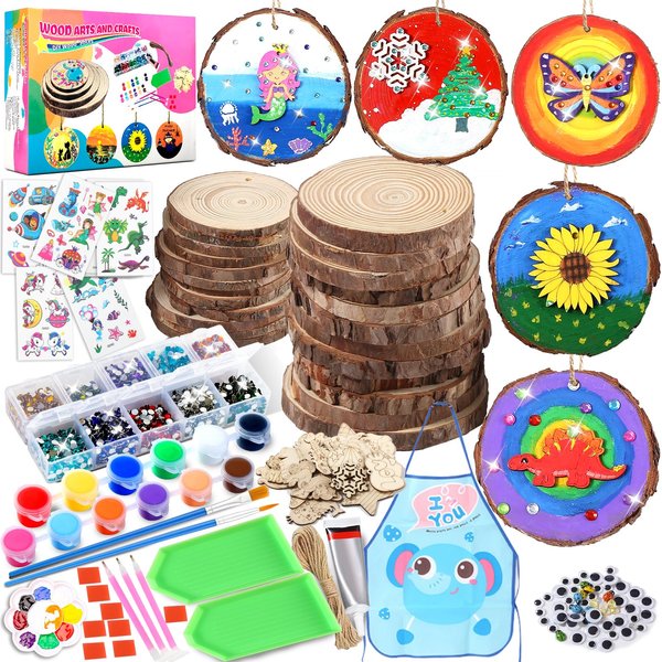 LATEEFAH Wooden Arts and Crafts Kits for Kids Ages 8-12, 24 Wood Slices with Diamond Art, DIY Creative Art Toys for Girls Boys, Arts&Crafts Activities Gifts for 6 7 8 9 10 11 12 Year Old Girls