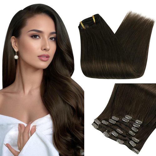 Full Shine Clip in Hair Extensions Human Hair Clip in Extensions Triple Weft Brazilian Hair Clip ins Dark Brown Hair Extensions Real Human Hair Clip ins Full Head 7 Pcs 18 Inch