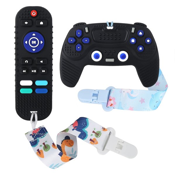THOOKE Remote Teether for Baby, 2Pcs Silicone Teething Toys for Infant Toddler 0-12 Months, Game Control Chew Gel Gifts for Newborn Kids/Boy/Girl, BPA Free Freezable Relief Molars Gums Pain