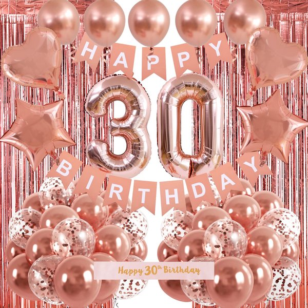 RUBFAC 30th Birthday Decorations for Her, Rose Gold Birthday Decorations for Women, Rose Gold Balloons, Fringe Curtain, Happy Birthday Banner Kits Party Supplies