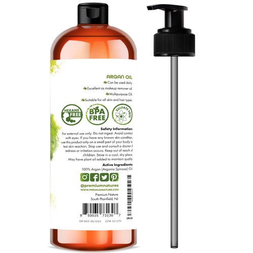 Argan Oil for Dry Damaged Hair and growth, Argon Oil Serum For Hair Oil for Curly Frizzy Hair, Argan Oil for Skin, Hair Oil for Men, Organic Argan Oil of Morocco 16 oz Pure Cold Pressed