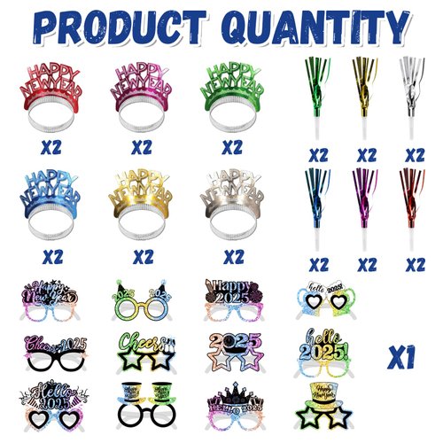 New Years Eve Party Supplies 2025, Happy New Year Colorful New Years Eve Party Favors includes New Years Glasses 2025 New Years Headband and Noise Makers for New Years Eve Party Supplies Colorful