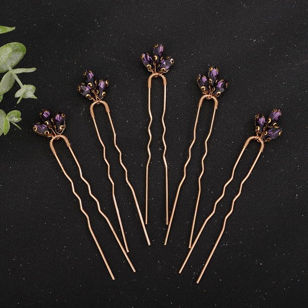 Teyglen 5pcs Crystal Bride Wedding Hair Pins Bridal Rhinestone Hair Piece Wedding Hair Accessories for Bride Sparkly Blue Red Green Crystal Hair Clips Pins for Women Girls Party Prom (Purple)