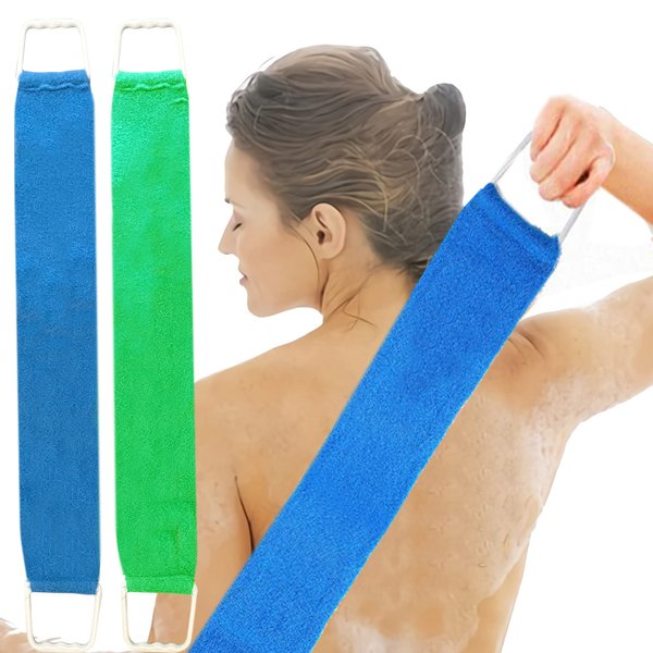Back Scrubber for Shower for Men and Women | Extra-Long Exfoliating Shower Towel for Back Scrubbing | Exfoliation Back Cleaner Removes Dead Skin and Prevents Acne on Back- 2 Pack - Blue & Green