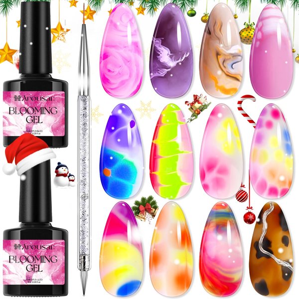 Arousar Nail Blooming Gel, 2PCS 8ml Clear Blooming Gel Polish UV LED Soak Off Nail Art Gel with Nail Brush for Spreading Effect, Marble, Floral Print and Watercolor Designs