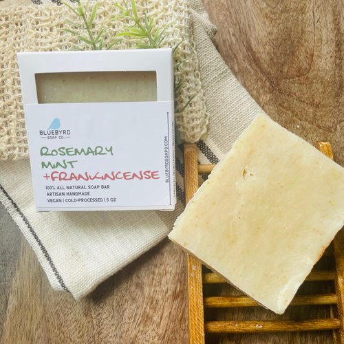 Bluebyrd Soap Co. Rosemary Frankincense + Mint Natural Soap Bar | Herbal Bar Soap -Naturally Scented With Essential Oils | USA Handmade Vegan Face & Body Wash Bar for Women & Men (Rosemary)