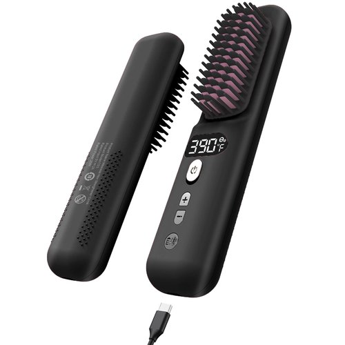 Cordless Hair Straightener Brush - Portable Hair Straightener for Travel,Wireless Straightening Brush with LED Screen for Women,Mini Hot Brush with 9 Adjustable Temp Anti-Scald USB Rechargeable