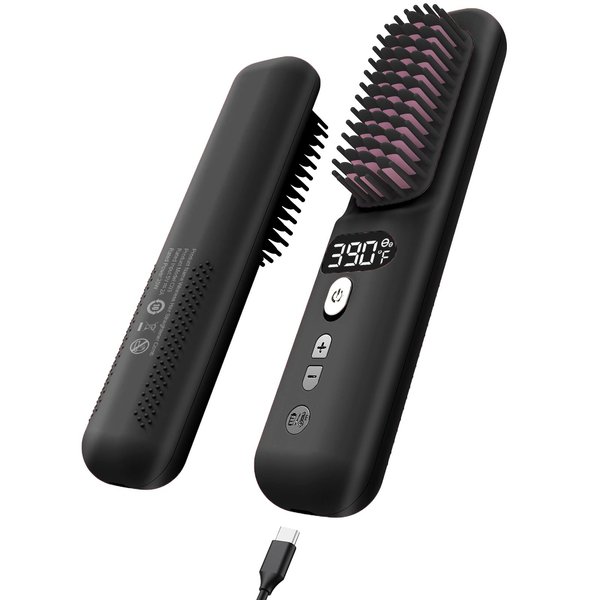 Cordless Hair Straightener Brush - Portable Hair Straightener for Travel,Wireless Straightening Brush with LED Screen for Women,Mini Hot Brush with 9 Adjustable Temp Anti-Scald USB Rechargeable