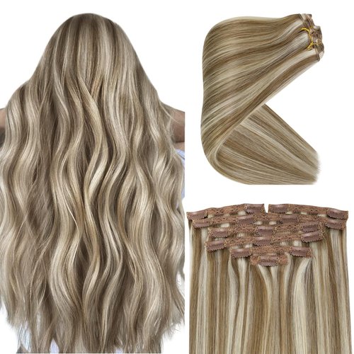 Ve Sunny Highlights Clip in Hair Extensions Brown Blonde Clip in Hair Extensions Real Human Hair Highlights Clip in Extensions Light Brown Highlights Platinum Blonde Straight Hair 18inch 7pcs 120g