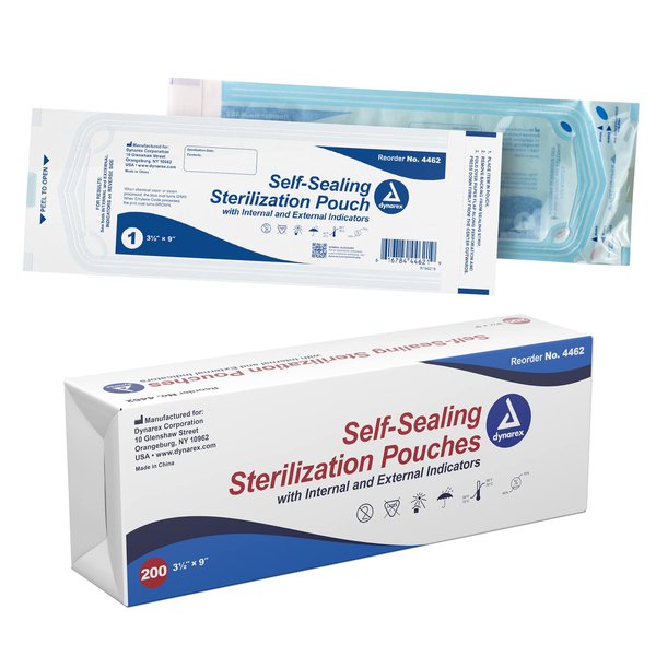 Dynarex Sterilization Pouches - Self-Sealing Autoclave Bags for Medical, Dental, Tattoo & Nail Care Tools - Blue-Tinted Transparent Cover, Dual Color Indicators - 3.5" x 9", 1 Box of 200