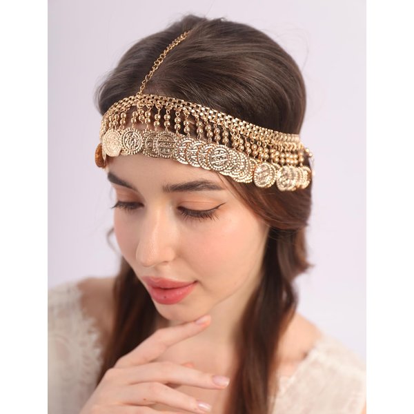 Teyglen Vintage Coin Tassel Head Chain Gold Coin Headchain Bridal Headpiece Headdress Costume Hair Accessories for Women Festival Prom Wedding (Gold)