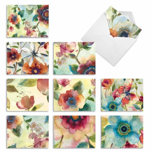 The Best Card Company - 10 Boxed Note Cards with Flowers - Blank Assorted Floral Notecards Bulk (4 x 5.12 Inch) - Watercolor Botanicals M3314