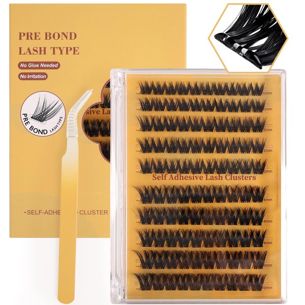 Sikkis Self Adhesive Eyelashes Clusters Kit, D Curl Pre Glued Lash Clusters Wispy Lashes Kit with Tweezers for Beginners, Press On Glueless Lash Extension Kit 10-16mm - 100PCS