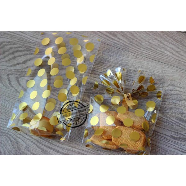 JHere 100 Pack Gold Polka Dot Candy Bags with 100Pcs Gold Metallic Twist Ties, Clear Plastic Treat Bags for Cookie Candy Snack Gift Wrapping Party Favor - 5.1'' by 8.2'' by 1.5''
