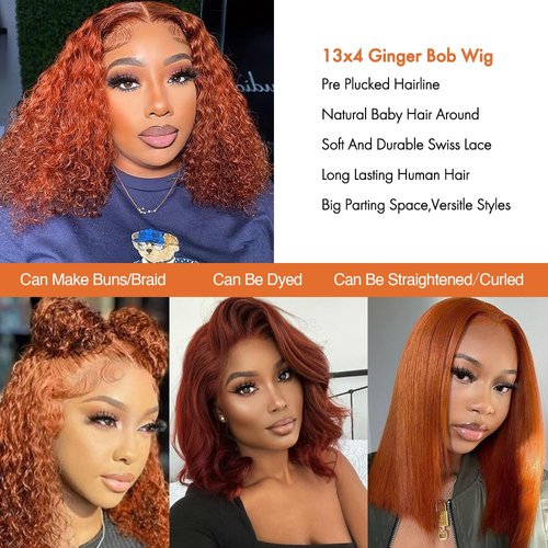 GOLFMAX 12 Inch Water Wave Bob Wig Human Hair Ginger Lace Front Wigs Human Hair Deep Wave Curly Short Bob Wig 13x4 Lace Frontal Glueless Wigs Human Hair With Elastic Band