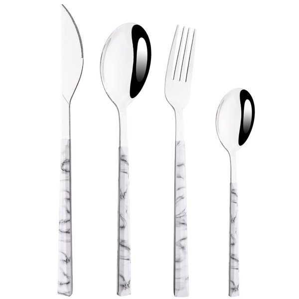 BRIIEC 24Pcs White Imitation Marble Pattern Handle Flatware Silverware Set, Stainless Steel Cutlery Set for 6, Square Handle Eating Utensils, Mirror Polished for Home Kitchen Bar Restaurant