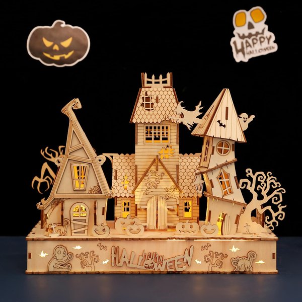 3D Wooden Halloween Haunted House Puzzles, Wood Creative Glow in The Dark Haunted House Puzzle, Assembly Model Building Kits to Build for Adults & Kids, Halloween Decor Model Kits