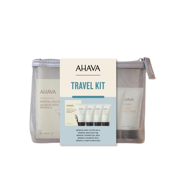 AHAVA Travel Kit - Includes Dead Sea Mineral Body Lotion 1.3 Fl.Oz, Mineral Shower Gel 1.3 Fl.Oz, Mineral Conditioner 1.3 Fl.Oz, Mineral Shampoo 1.3 Fl.Oz & Mineral Mud Soap 1 Oz.