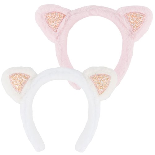 WHAVEL 2 Pcs Cat Ears Headband, Plush Animal Ears Face Wash Costume for Cosplay Party, Halloween (White, Pink)