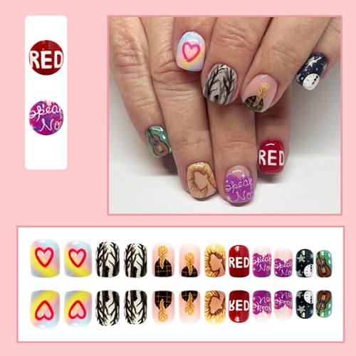 Short Press on Nails with Designs Square Fake Nails Theme Singer Pattern Stick on Nails Gloss Acrylic Nails Holiday False Nails with Designs Best Press on Nails for Women Girls