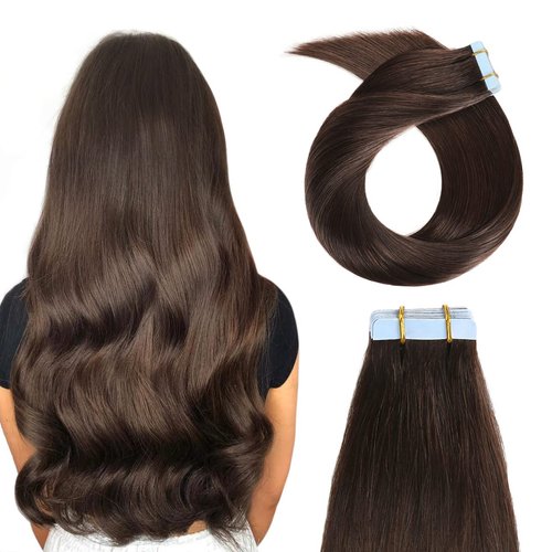 YILITE Tape in Hair Extensions Human Hair Brown 20 inch 50g 20pcs Silky Straight Remy Human Hair Extensions Tape ins #2 Dark Brown Tape in Human Hair Extensions(20Inch #2 Dark Brown）