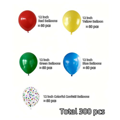300 Pcs Red Yellow Blue Green Balloons, 12 Inch Red Yellow Blue Green Balloons and Colourful Confetti Balloons for Carnival, Circus Party Décor