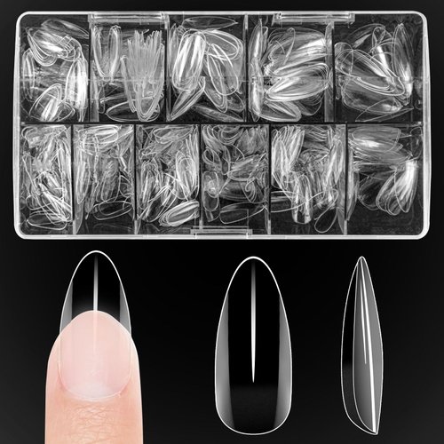 DAZHICN 500 PCS Almond Nail Tips, 10 Sizes Full Cover Nail Tips, Long Nail Tips for Nail Extension, Pre Shaped Nail Tips for DIY Nail Salon (Clear Almond-500 PCS)