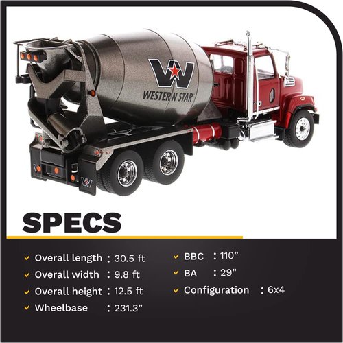 Diecast Masters Western Star 4700 SFFA Concrete Mixer Truck- Metallic Red & Gray | Tandem With Mixer | 1:50 Scale Model Semi Trucks | Diecast Model by Diecast Masters 71033
