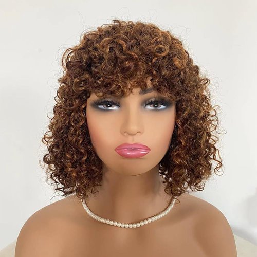 KESEN Human Hair Wig with Bangs 200 Density Curly Human Hair Wig Ombre Short Wigs Deep Curly Bob Wig with Bangs Highlight Blonde Glueless Wigs Human Hair 12Inch P4/30