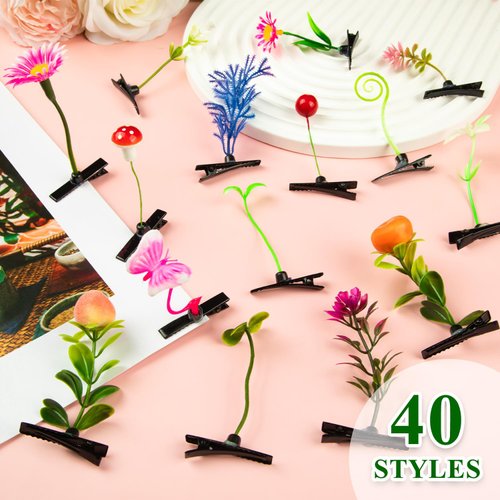 50 Pcs Sprout Clips Mixed Style Plant Hairpins Little Grass Sprout Hair Clips Butterfly Mushroom Hair Accessories Gift for Women Girls Kids Party School
