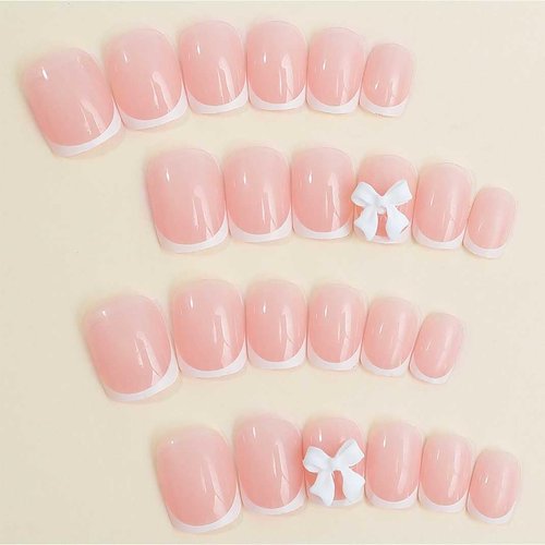 Enppode French Tips Nails Medium Press on Nails Square Fake Nails White Nails Glossy Stick on Nails for Women 24 PCS/Set