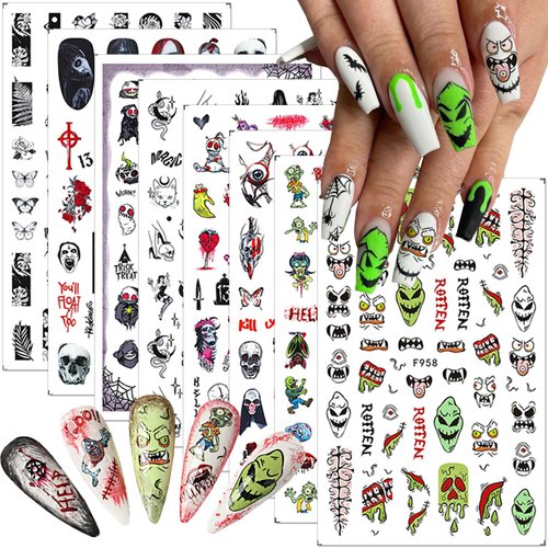 8 Sheets Halloween Nail Art Stickers Self-Adhesive 3D Gothic Nail Stickers Green Monster Skull Snake Rose Flower Design Nail Charm Scream Ghost Nail Decals for Women DIY Halloween Nail Art Decorations