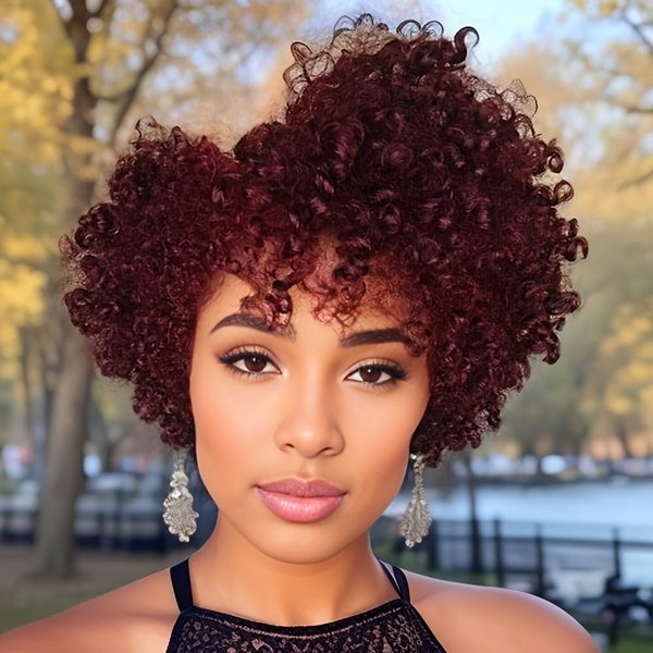 TISHINING Burgundy Short Curly Afro Wigs for Black Women Red Kinky Curly Wig with Bangs Heat Resistant Synthetic Full Hair Wig