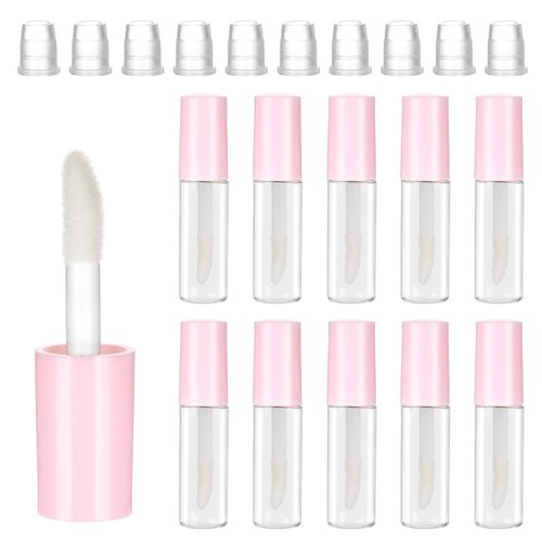 10Pcs Empty Lip Gloss Tubes 1.2ml Pink Round Lipgloss Tubes Clear Mini Refillable Lip Balm Bottles Big Brush Lip Gloss Tube Cosmetic Containers Bottles for Lipstick Samples Lip Balms Travel Split