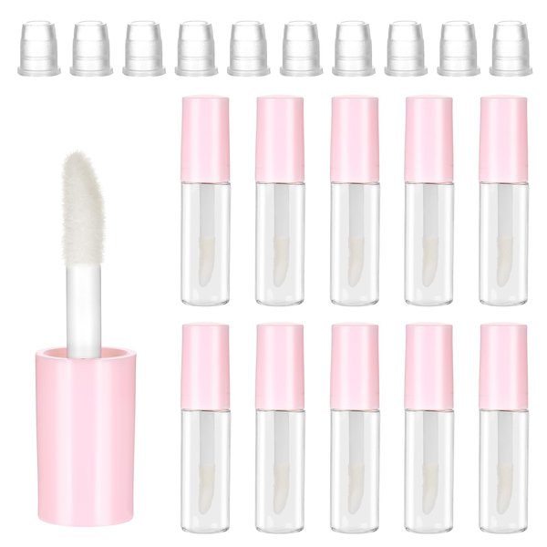 10Pcs Empty Lip Gloss Tubes 1.2ml Pink Round Lipgloss Tubes Clear Mini Refillable Lip Balm Bottles Big Brush Lip Gloss Tube Cosmetic Containers Bottles for Lipstick Samples Lip Balms Travel Split