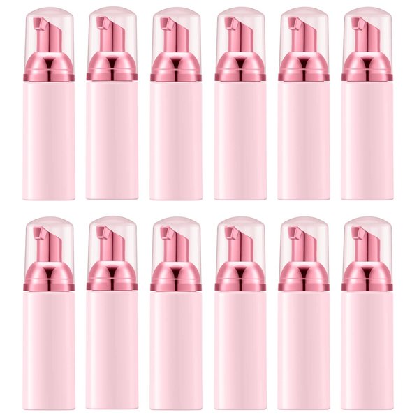 IRON BILL 2 Oz Foam Pump Bottle (12PCS). Empty Foaming Soap Dispenser for Refillable Travel Liquid Hand Soap, Body Wash, Eyelash Shampoo. BPA Free Mini Pocket Size(Light Pink&Rose Red)