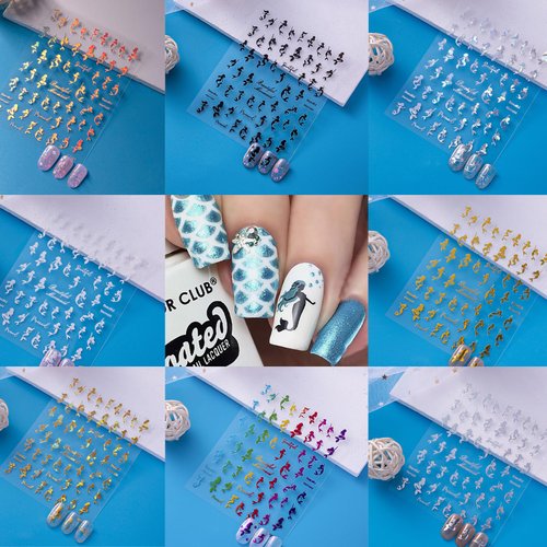 8 Sheets Beach Nail Art Stickers Decals 3D Self-Adhesive Laser Mermaid Jellyfish Design Nail Decals Shell Whale Mermaid Summer Ocean Shark Tropical Nail Supplies for Women Manicure Accessories