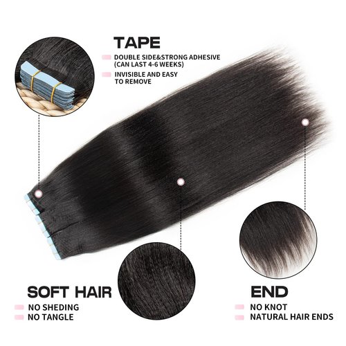 Isheeny Light Yaki Tape In Hair Extensions Human Hair Black Women Yaki Straight Tape In Hair Extensions Seamless Straight Hair Extensions Real Human Hair Tape In Hair Extensions 16inch 20PCS 40g/set