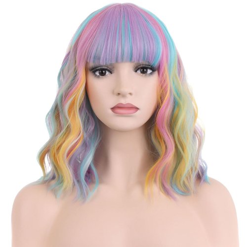 PATTNIUM Rainbow Wig Short Wavy Colorful Wig Pastel Rainbow Wig with Bangs Multicolor Wig for Women Girls Heat Resistant Synthetic Cosplay Costume Wig (Rainbow)