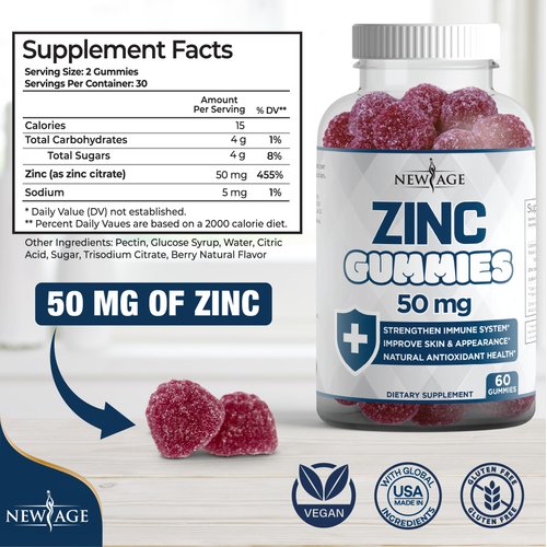 Zinc Gummies - 50mg High Immune Booster Zinc Supplement, Immune Defense, Powerful Natural Antioxidant, Non-GMO - by New Age (60 Count (Pack of 1))