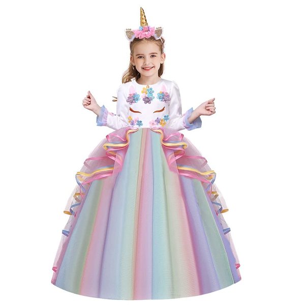 WOCINL Girls Princess Tulle Dress Unicorn Outfit Long Sleeve Birthday Party Wedding Christmas Halloween Costume w/Headband Multicolored 4-5T