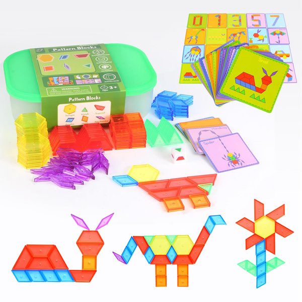 WaGlyndric 188 Pcs Translucent Plastic Pattern Blocks Set, Light Table Manipulative for Shape Recognition, Fun Geometric Shapes Tangram Puzzle with Storage Box