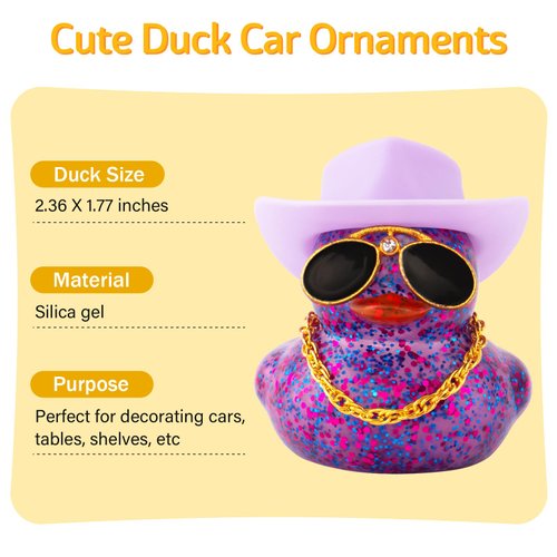 wonuu Car Dashboard Decorations Cowboy Hat Rubber Ducks, Colorful Duck for Car Ornament Accessories with Hat, Glasses, Necklace (Glitter Dark Purple)