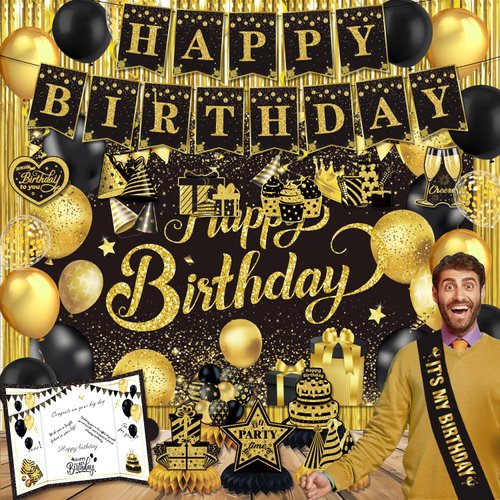 Black Gold Birthday Party Decorations, Birthday Decorations for Men Include Happy Birthday Banner, Guest Book, Backdrop, Hanging Swirls, Balloons, Fringe Curtain and Sash, Birthday Party Supplies