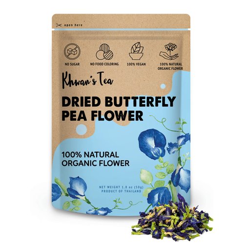 KHWAN'S TEA Dried Butterfly Pea Flowers Blue Tea Flower Herbal Tea Organic, Caffeine Free, Vegan Plant Based, Sourced from Thailand, 1.8oz