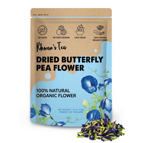KHWAN'S TEA Dried Butterfly Pea Flowers Blue Tea Flower Herbal Tea Organic, Caffeine Free, Vegan Plant Based, Sourced from Thailand, 1.8oz