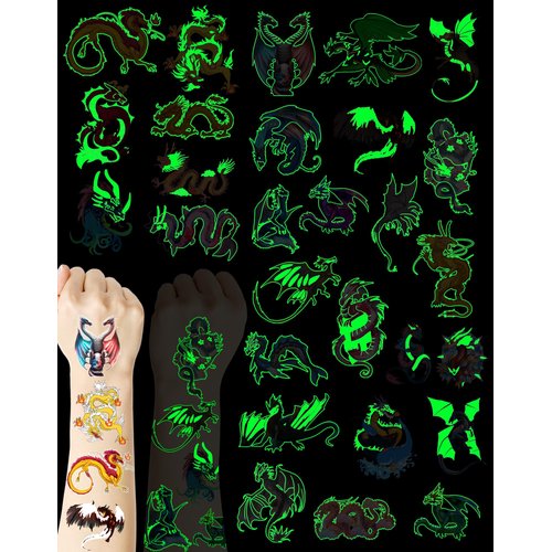 140 Pieces Luminous Dragon Temporary Tattoos Dragon Party favors for Kids Adults,Glow in The Dark Dragon Tattoos Stickers Party Supplies Dragon Birthday Party Favors Goodie Bag Fillers