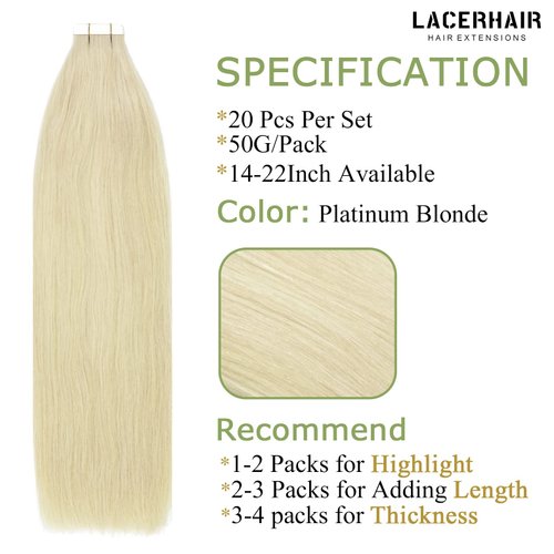 Lacer Hair Extensions Real Human Hair Tape in Platinum Blonde Seamless Double Sided Straight Natural Thick Hair Extensions Human Hair for Women 18 Inch 20pcs 50g