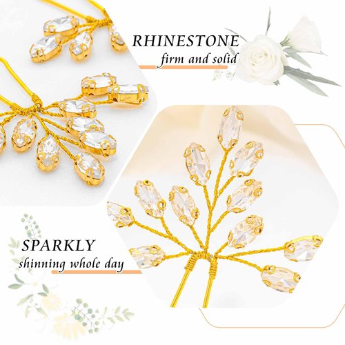Foryysa Bridal Wedding Hair Pins for Women Gold Rhinestone Leave Headpiece Elegant Handmade Vine Headwear Sparkly Design (2 pcs)
