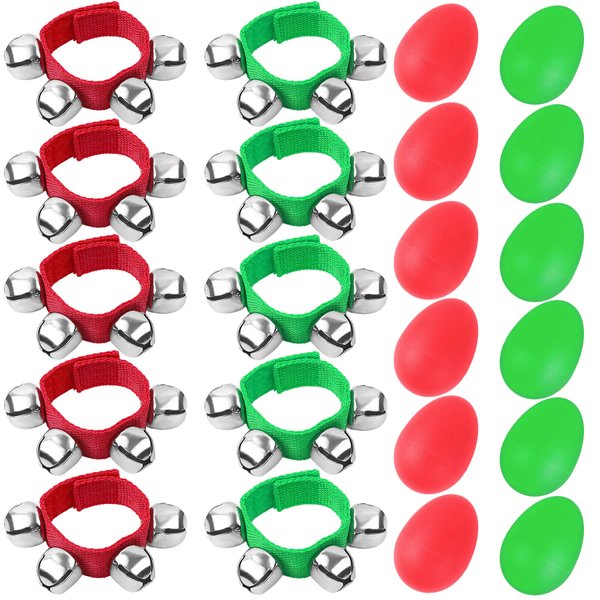 Augshy 24 Packs Christmas Shaker Musical Instruments for Kids, 12 Packs Egg Shaker and 12 Packs Wrist Hand Band Jingle Bells (Red & Green)